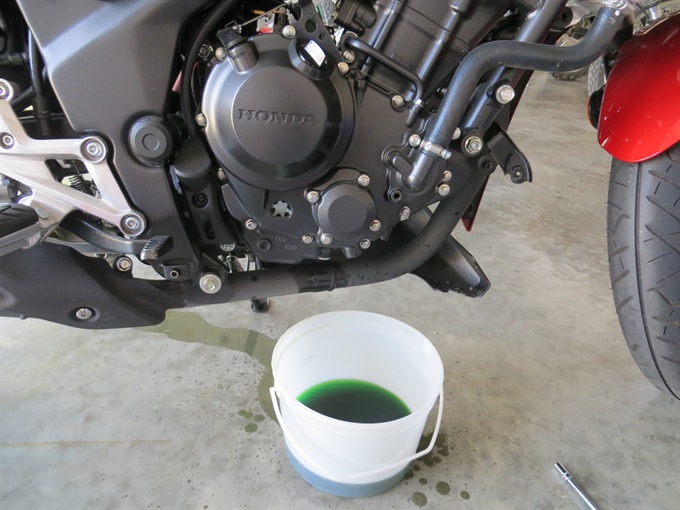 Coolant drained from a Honda CBR250RA (I made a bit of a mess)