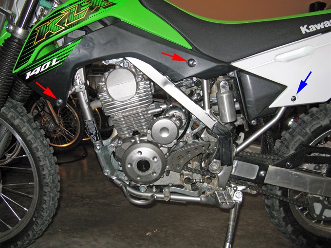 Location of left side cover and tank shroud bolts - KLX140