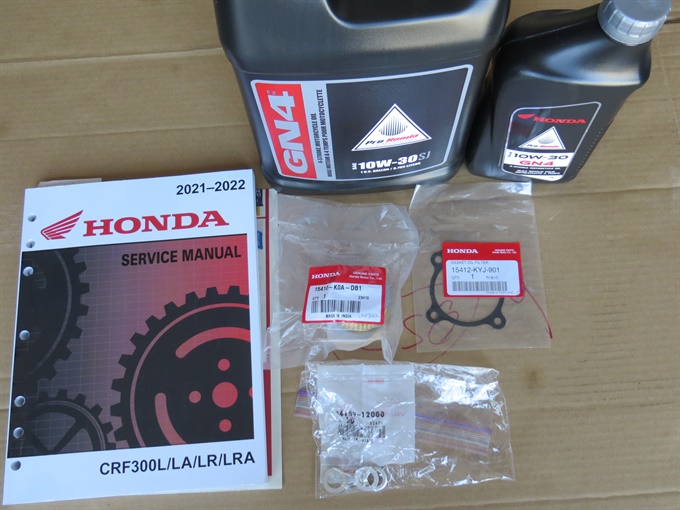 Parts and supplies for Honda CRF300L oil and filter change